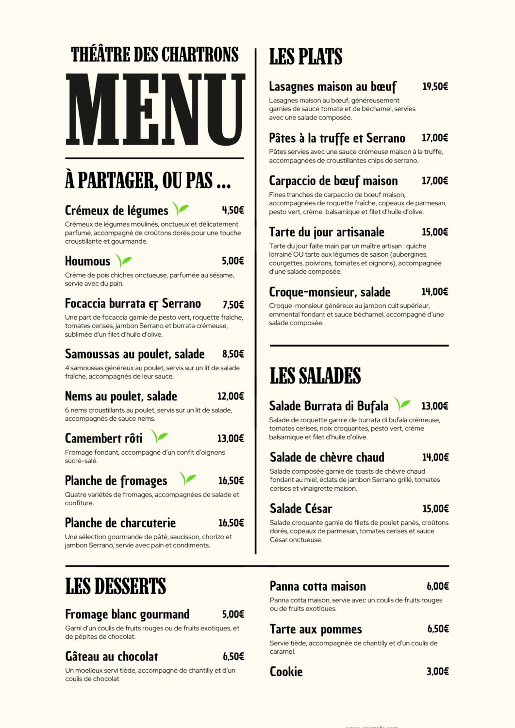 carte bistrot théâtre des Chartrons