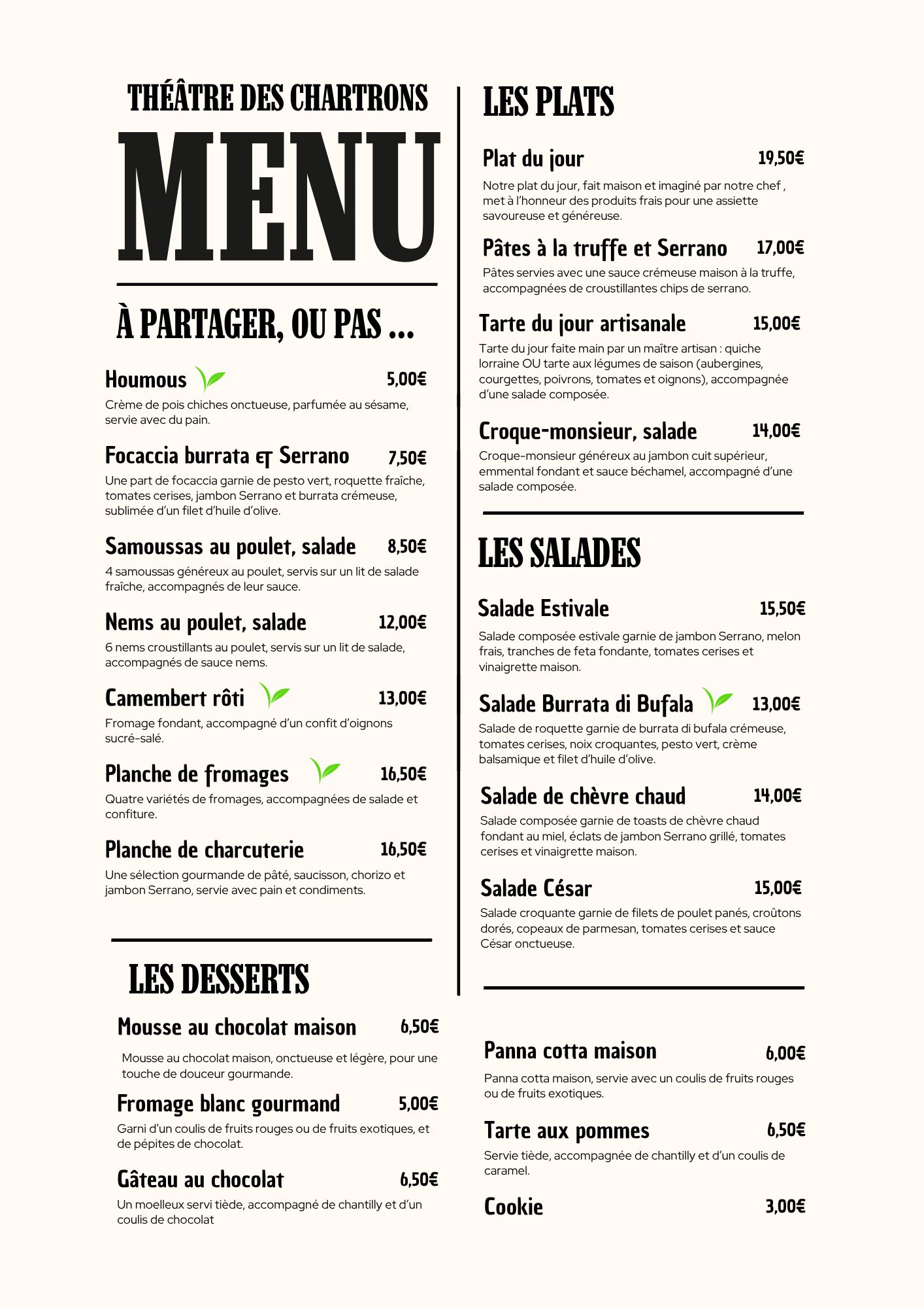 menu bistrot carte boisson