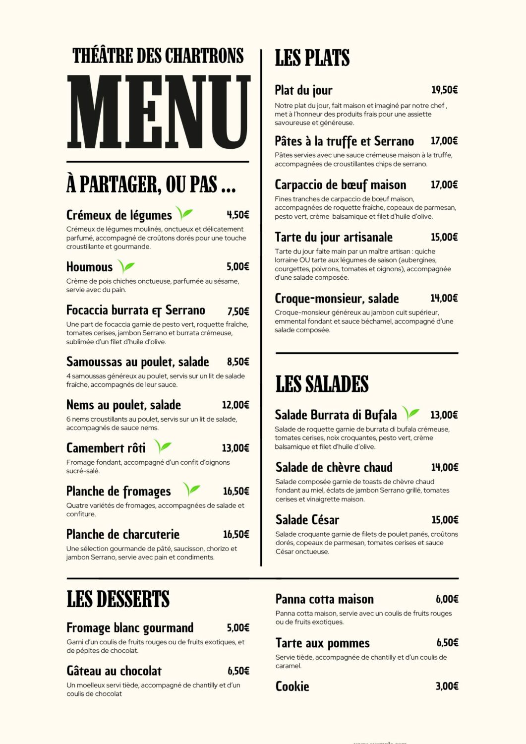 Carte bistrot du Théâtre