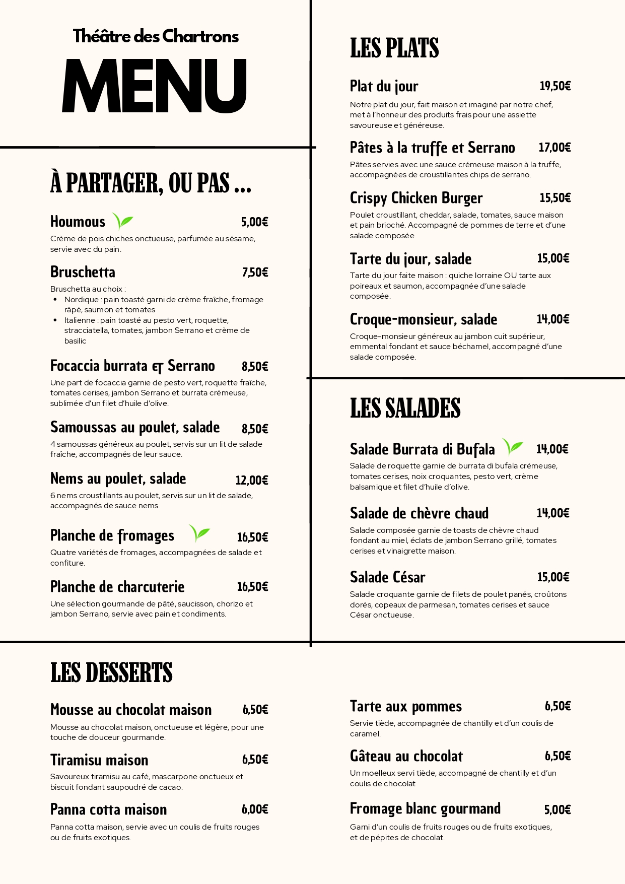 menu bistrot carte boisson